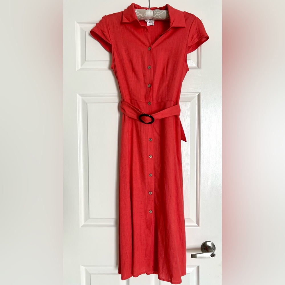 APRICOT brand Coral Button-Up linen blend belted shirt dress - Picture 2 of 10